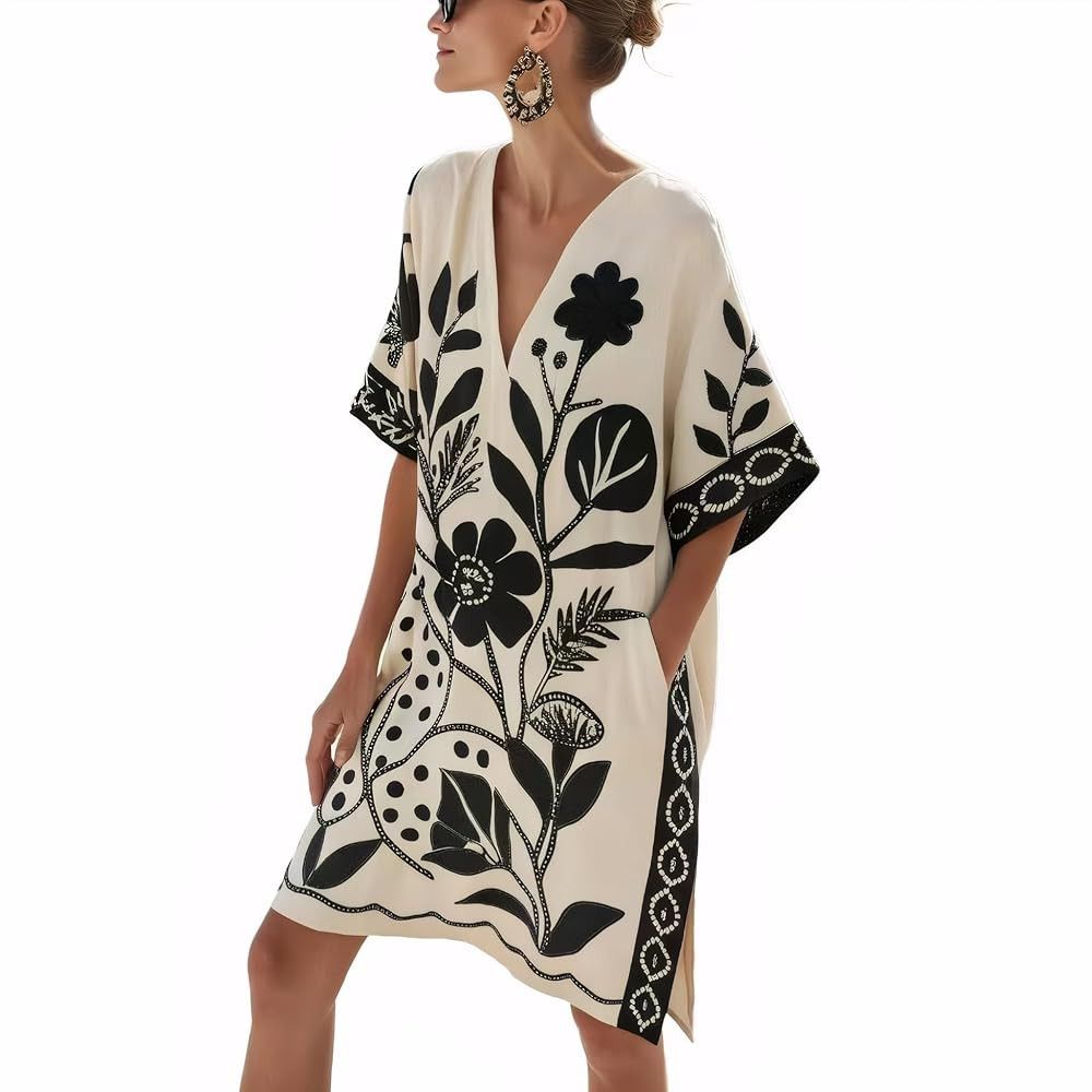 Womens Summer Mini Half Sleeve Dress Boho Floral Print V Neck Casual Beach Vacation Dresses with ... | Amazon (US)