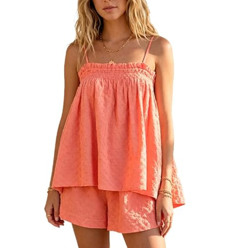 ROAONOCOMO Women Gingham 2 Piece Pajama Set Flowy Peplum Babydoll Cami Top Wide Leg Shorts Sets Summer Lounge Outfit Coral Pink | Amazon (US)