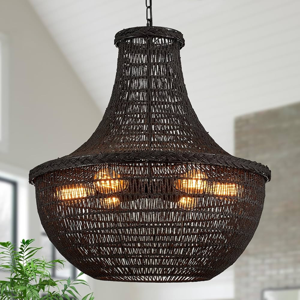Large Black Hand-Woven Rattan Chandelier Vintage Boho Bamboo 6-Lights Black Chandelier Light Fixture Retro Rustic Wicker Rattan Chandelier for Dining Room, Kitchen, Living Room | Amazon (US)