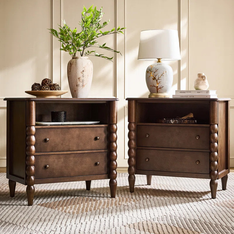 Arifah Transitional 28"W 2-Drawer Spindle-Style Solid Wood Columns End Table with Integrated Powe... | Wayfair North America
