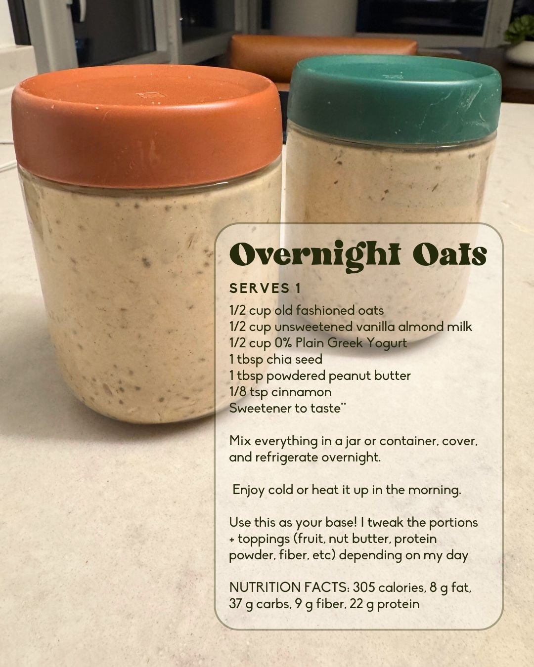 I make these overnight oats every week! They’re quick, high-protein, and very satisfying.

Linked the jars I use, my go-to ingredients, and a few kitchen tools that make meal prep easier!

Feel free to adjust the recipe and toppings based on your personal nutrition needs and goals!

#LTKfoodie #LTKHome #LTKfitnessgoals