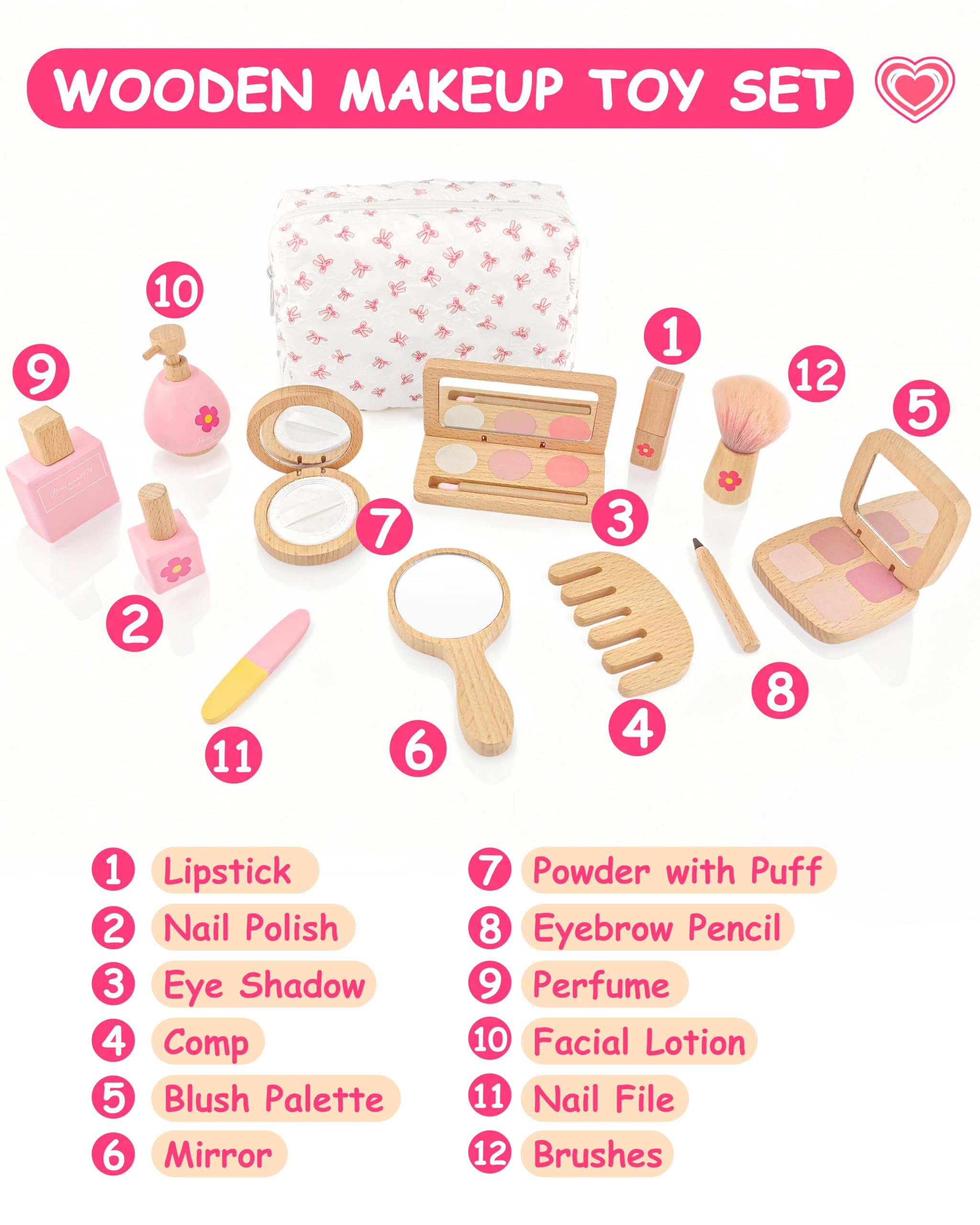 Wooden Pretend Makeup Kit for Girls Ages 3–5, Kids Pretend Play Cosmetic Set with Mirror, Lipst... | Amazon (US)