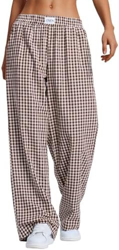 LOMON Women's Striped Gingham Boxer Pants Cotton Pajama Lounge Pj Casual Plaid Trousers Y2K Beach... | Amazon (US)
