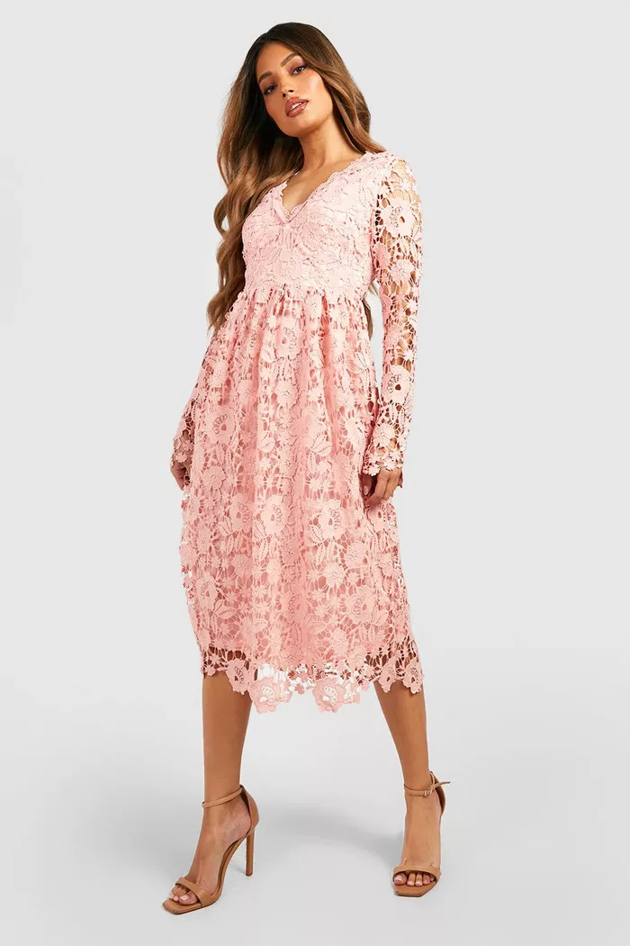 Long Sleeve Crochet Lace Midi Skater Dress | boohoo (US & Canada)