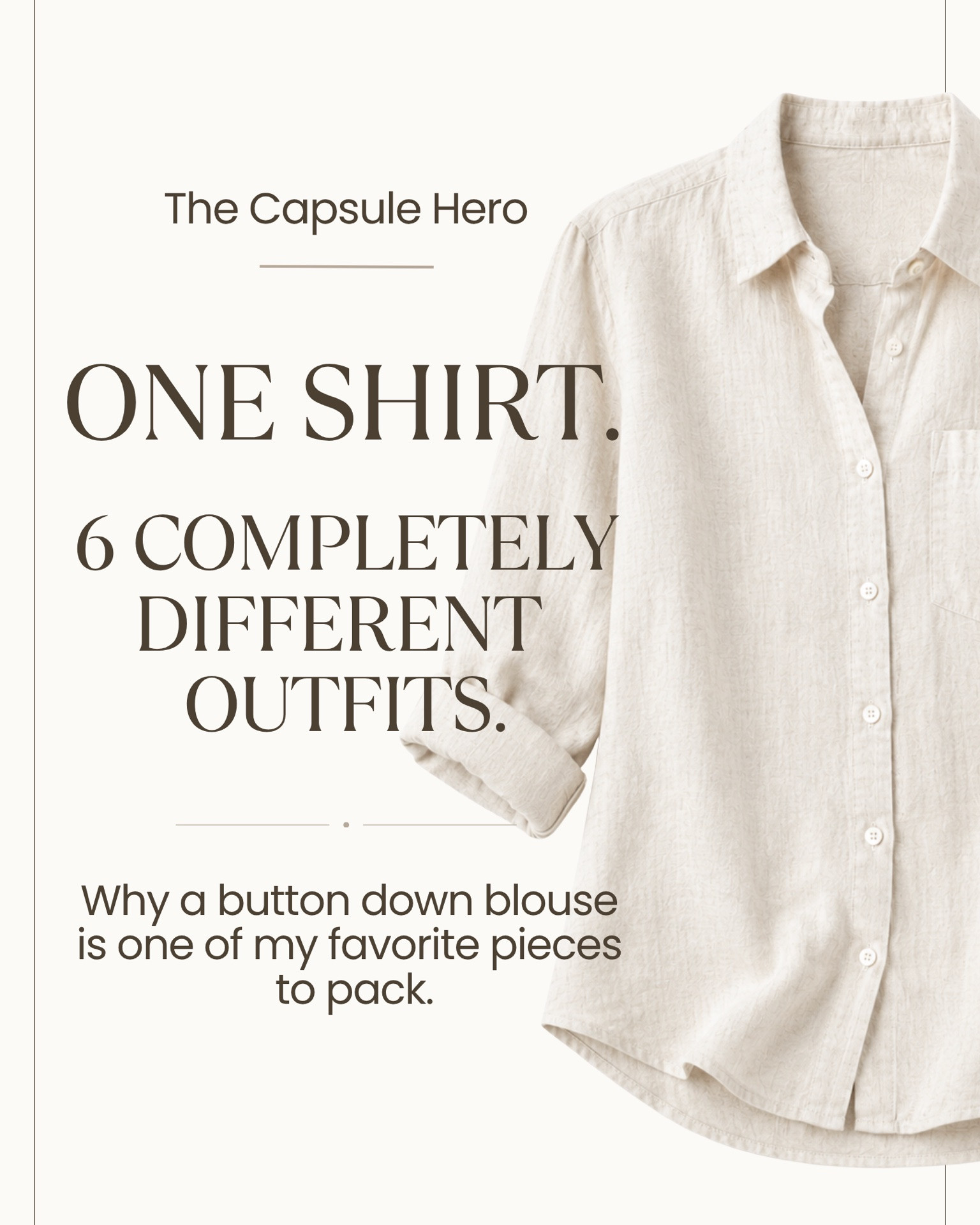 A button-down is one of my favorite pieces to pack because it can do so many jobs without taking up much space.

Wear it casually, button it up for dinner, throw it over a swimsuit, use it as a light layer, or tie it over a dress to change the look.

One shirt.  Six very different outfits.

Save this for the next time you’re deciding whether a button-down belongs in your travel capsule.

#LTKOver40 #LTKTravel