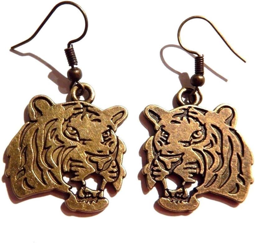 Bronze Roaring Tiger Flat Pendant Earrings on Hypoallergenic French Ear Hooks | Amazon (US)