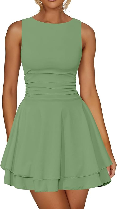 Kaximil Women's Ruffle Hem Boat Neck Mini Dress Sleeveless Ruched Corset Short Party Dresses | Amazon (US)