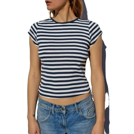 Casual Striped Boat Neck Sleeveless Blue and White Women T-Shirts (Women s) | Walmart (US)