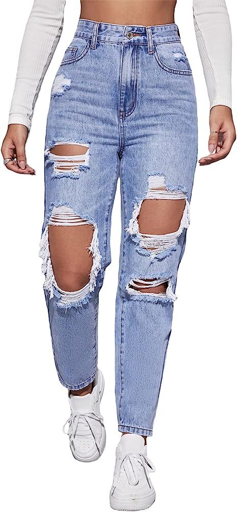 Floerns Women's High Waist Straight Leg Ripped Jeans Distressed Denim Pants | Amazon (US)
