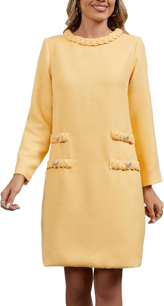 LifeShe Women's Long Sleeve Tweed Mini Dress Business Work Short Dress Elegant Cute Party Dresses | Amazon (US)