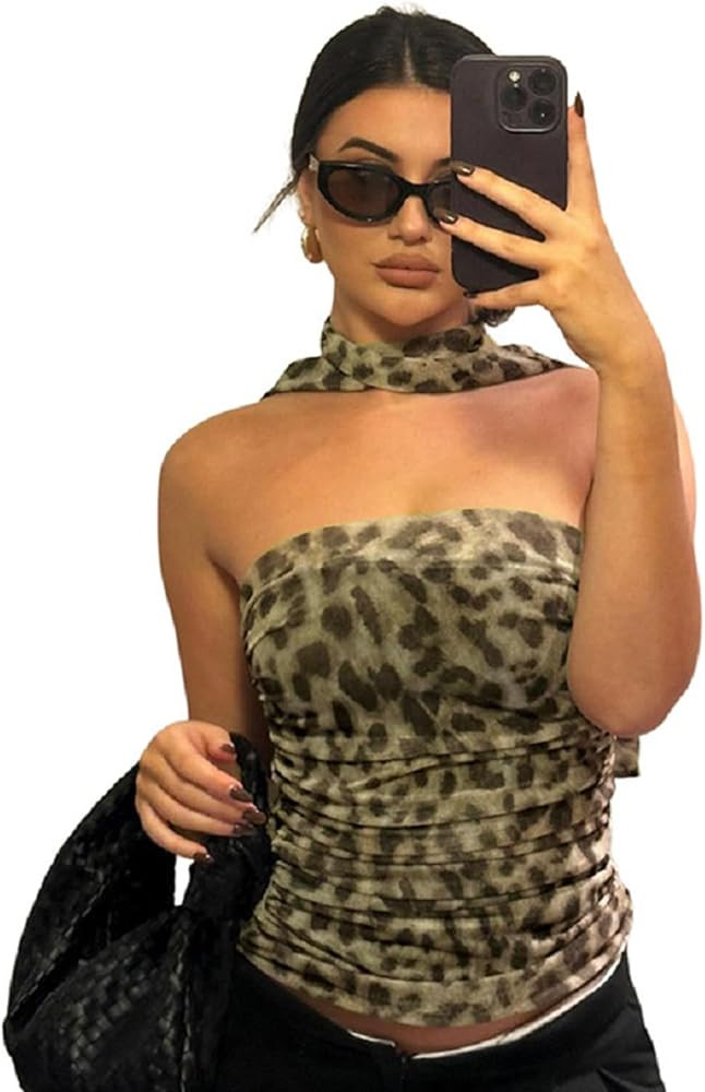 Women's Leopard Print Tulle Halter Crop Tube Tops Sexy Ruched Backless Off Shoulder Bandeau Corse... | Amazon (US)