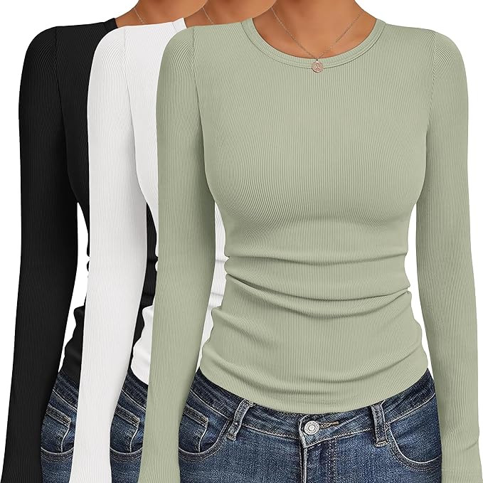 Ekouaer Women's Long Sleeve Shirts 3 Packs Crew Neck Stretchy Fitted Tops Ribbed Base Layer Soft ... | Amazon (US)
