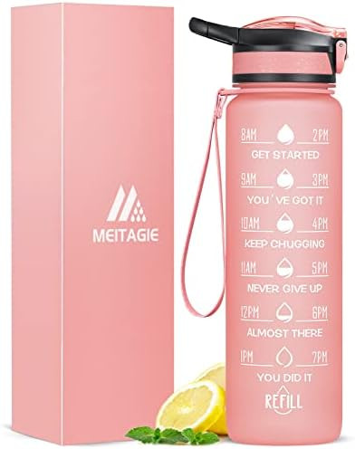 MEITAGIE 32oz Leakproof Motivational Sports Water Bottle with Straw & Time Marker, Flip Top Durab... | Amazon (US)