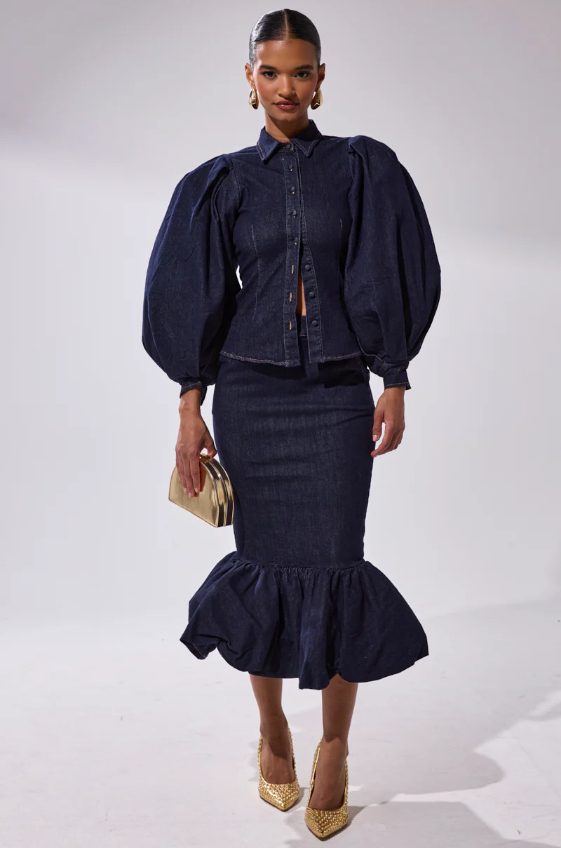 LET'S CHANGE IT UP DENIM MIDI SKIRT | AKIRA