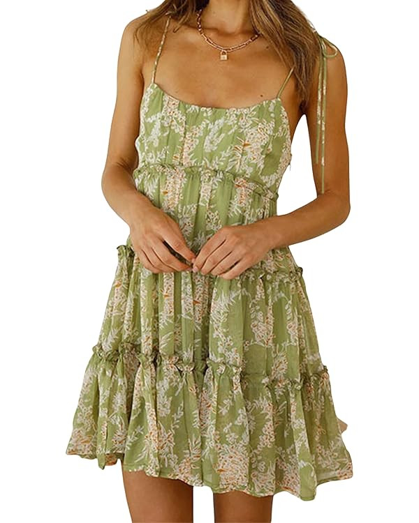 Mansy Womens 2023 Summer Floral Mini Dress Boho Flowy Skater Dresses Short Sleeveless Ruffle Spag... | Amazon (US)