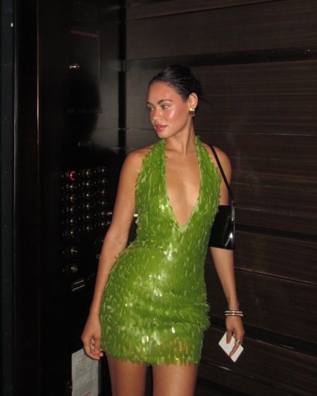 Miami bachelorette party style | green sequins sparkle mini dress, heaven mayhem gold earrings 

#LTKparties #LTKstyletip #LTKfindsunder100