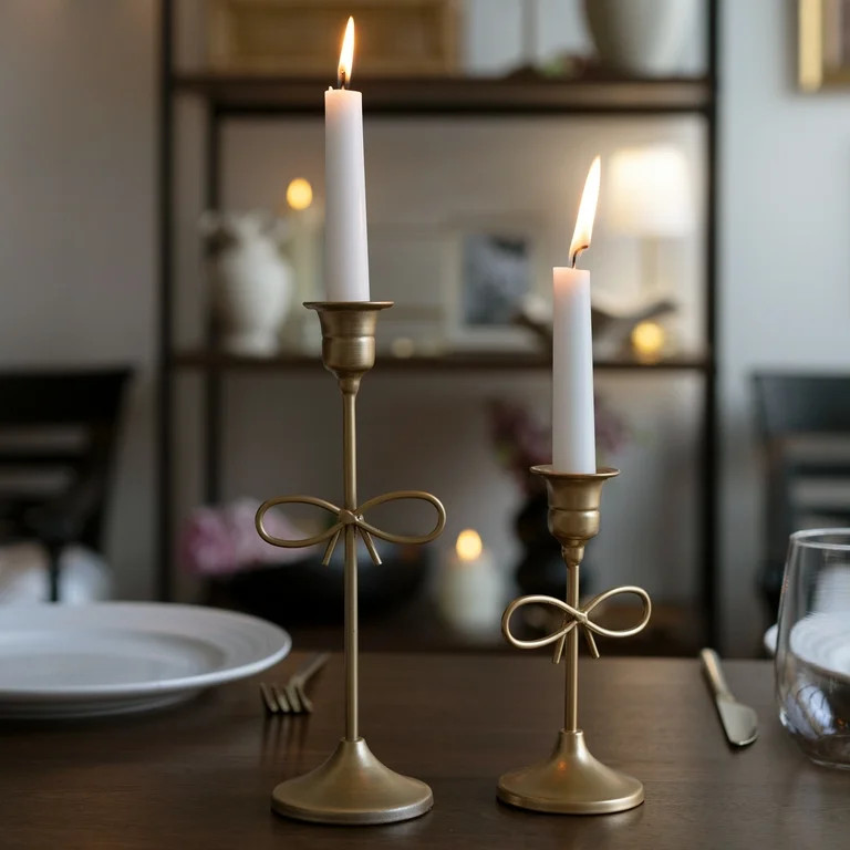 Home Decor Collection Gold Metal 5.91" Indoor Tabletop Taper Candleholder with Bow Accent | Walmart (US)