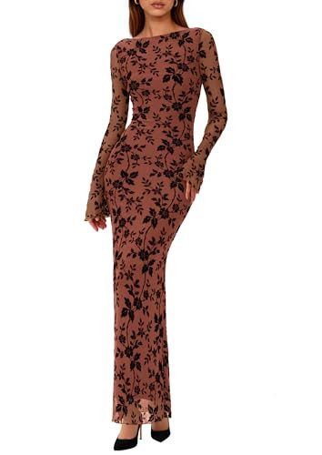 PRETTYGARDEN Women's Floral Bodycon Maxi Dress 2026 Spring Elegant Mesh Long Sleeve Formal Wedding Guest Cocktail Dresses (Rust,XX-Large) | Amazon (US)