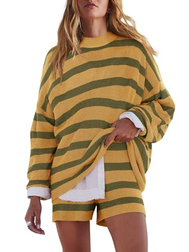LAMISSCHE Womens Oversized Lounge Sets 2 Piece Outfits Striped Matching Pajama Set Long Sleeve Sw... | Amazon (US)