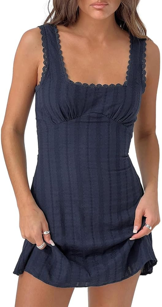 Women Sleeveless Flowy Babydoll Mini Dress Lace Trim Low Cut V-Neck Tank Short Dresses Floral Eye... | Amazon (US)