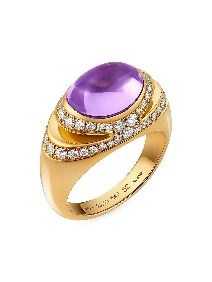 Women's BVLGARI Cabochon 18K Yellow Gold, Amethyst & 0.56 TCW Diamond Ring - Yellow Gold - Size 6.5 | Saks Fifth Avenue