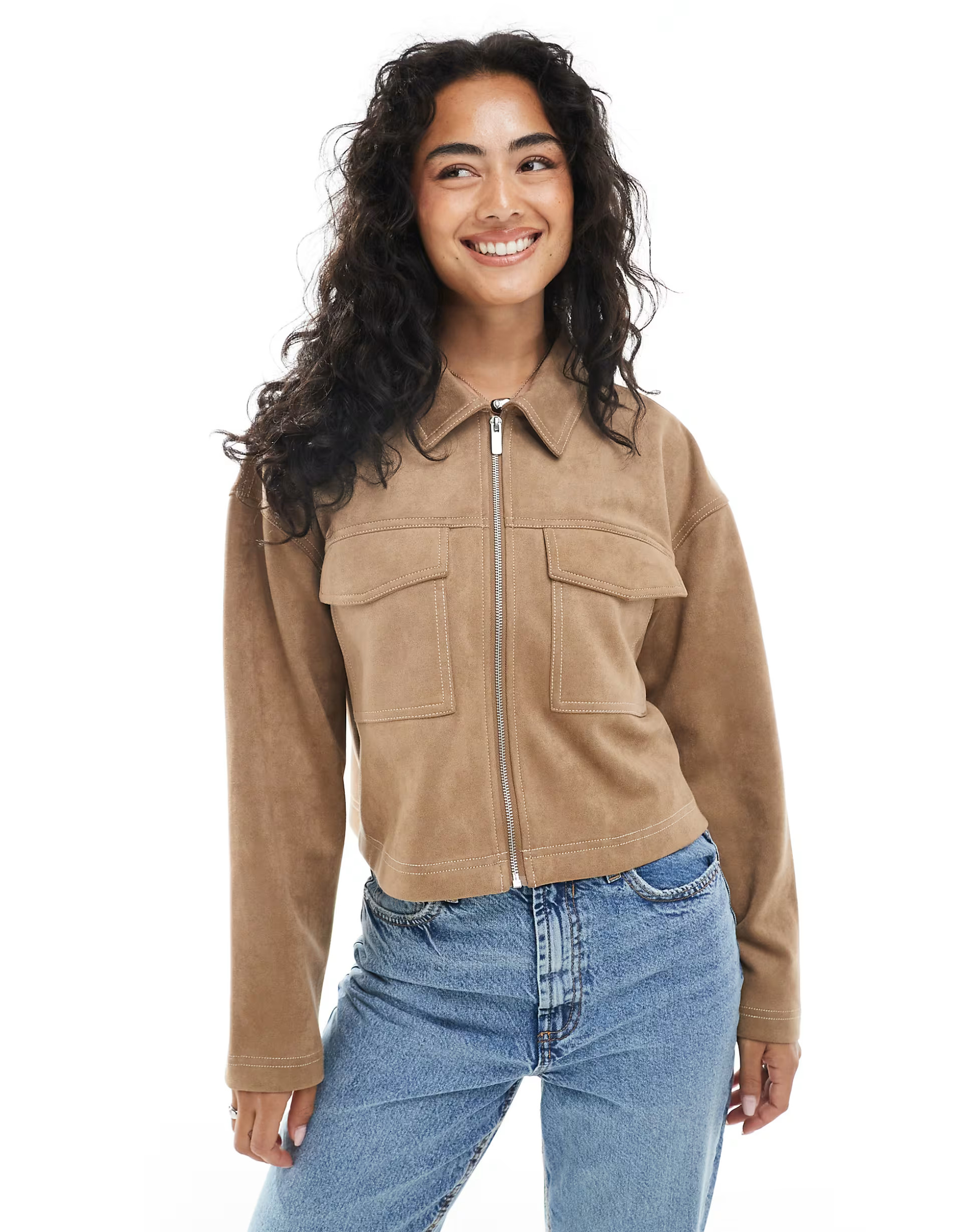 ONLY contrast stitch cropped faux suede jacket in taupe | ASOS (Global)