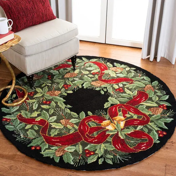 SAFAVIEH Hand-hooked Vintage Poster Arvida Holiday Wool Rug - Black/Green - 5' x 5' Round | Bed Bath & Beyond
