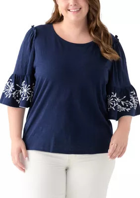 Crown & Ivy Women's Plus Size Embroidered Bell Sleeve Top | Belk