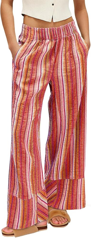 Cicy Bell Womens Wide Leg Lounge Pants Elastic High Waisted Striped Palazzo Pants Flowy Casual Be... | Amazon (US)