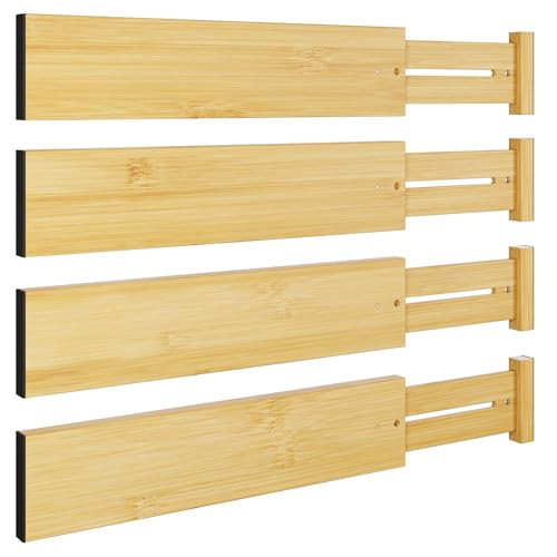 BAMEOS 4 pcs 3" High Bamboo Drawer Dividers Adjustable Drawer Organizer Expandable Drawer Organization Utensil Organizers for Kitchen Dresser Bathroom Bedroom and Office | Amazon (US)