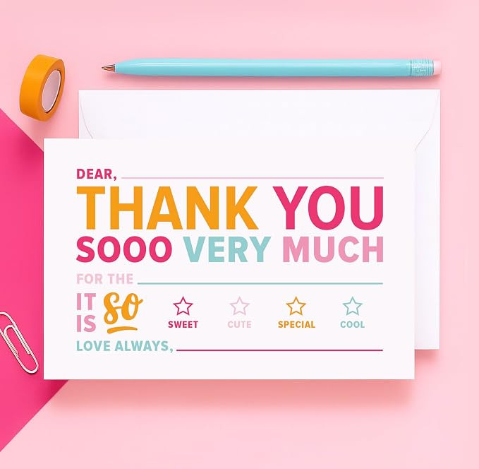 ThreeKin Collective 25-Pack Kids Fill-in-the-Blank Thank You Cards with White Envelopes - 4x6 Dou... | Amazon (US)