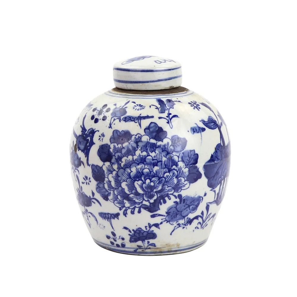 Blue and White Tiny Lid Mini Jar Peony Lotus Motif | Over The Moon