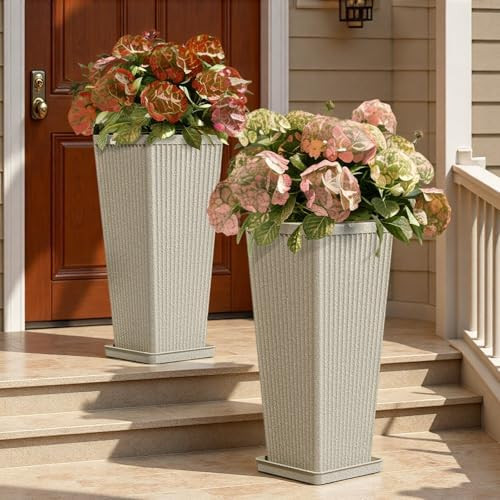 Front Porch Planters Outdoor Set of 2, 24" Tall Plastic Planters for Outdoor Plants with Drainage... | Amazon (US)