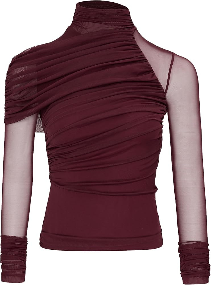 JW PEI Women's Ella Sheer Ruched Turtleneck Top | Amazon (US)