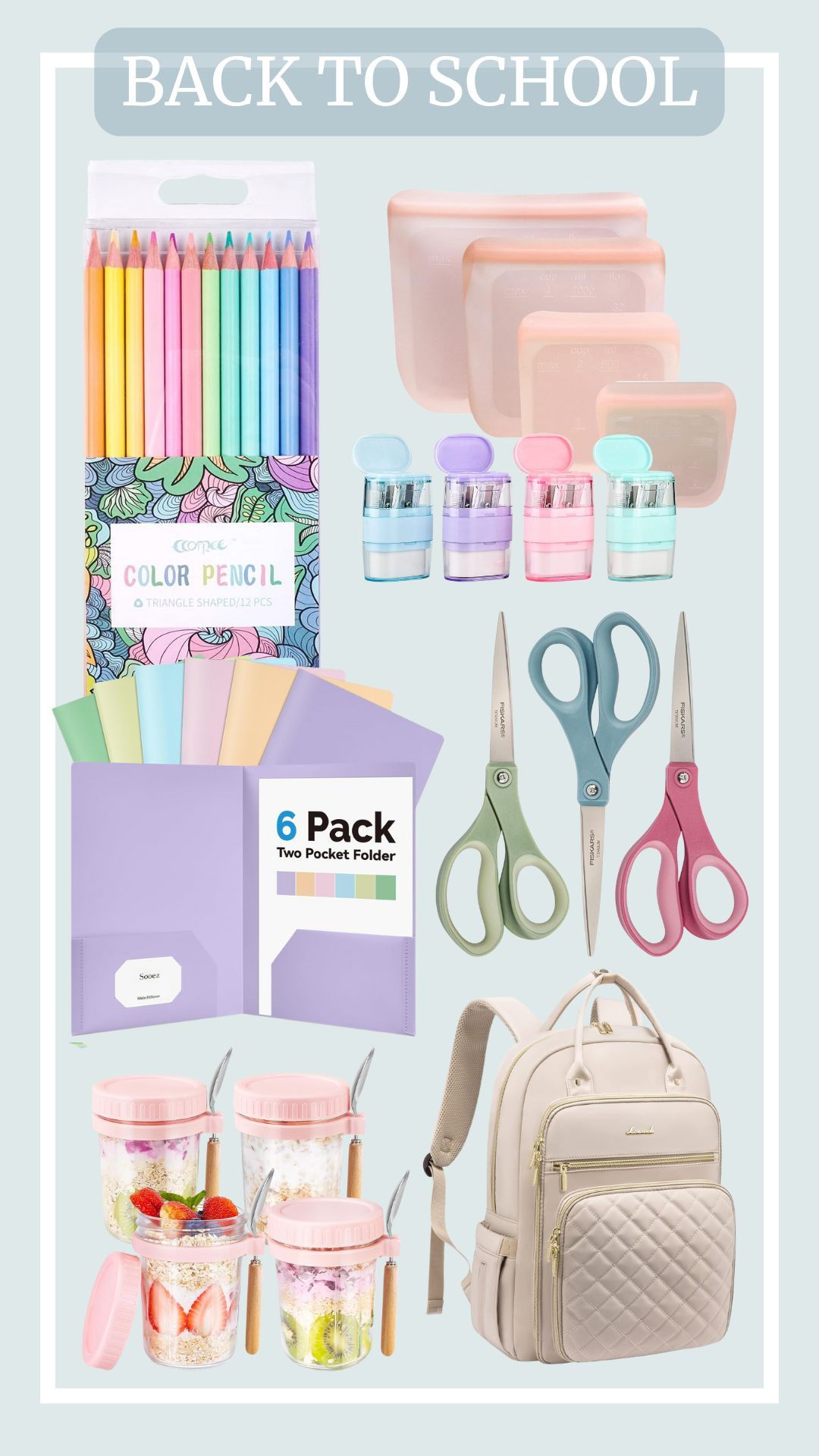 Everything on this back to school list is both useful and budget friendly. Shop now.

scissors, pink backpack, glass containers with lids, reusable silicone storage snack bags, folders with pocket, pencil sharpener, macaron colored pencils. 

 #LTKKids