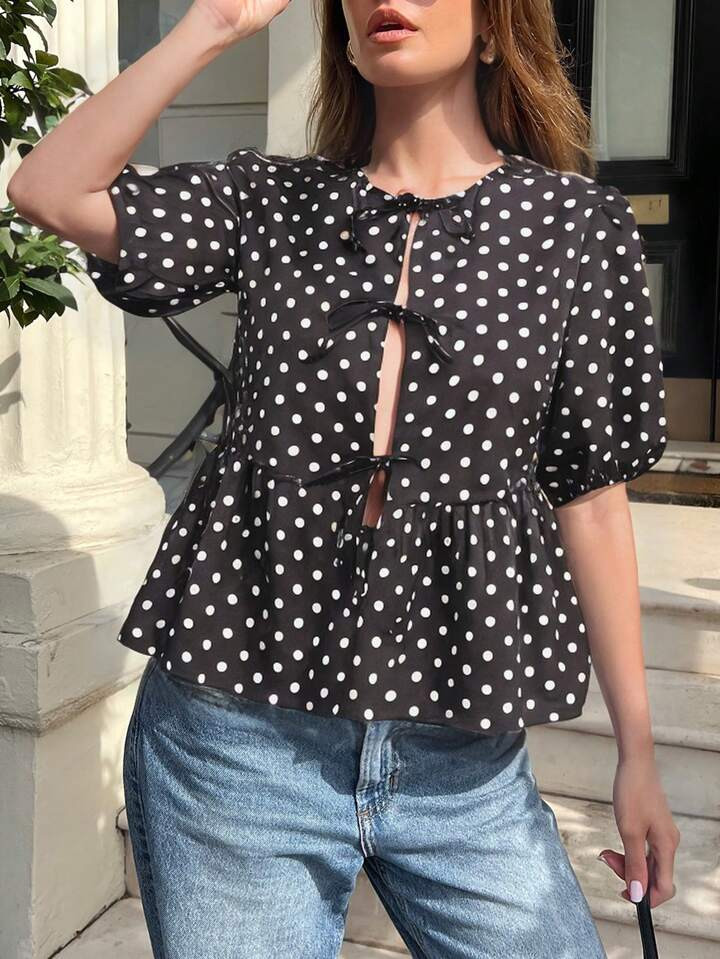 SHEIN Essnce 2024 Women's Casual Woven Short Puff Sleeve Top, Black & White Polka Dot Round Neck ... | SHEIN