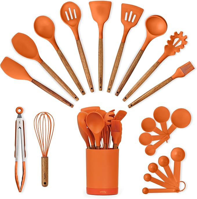 SMIRLY Silicone Kitchen Utensils Set, 22-Piece Acacia Wood Handle, Orange | Amazon (US)