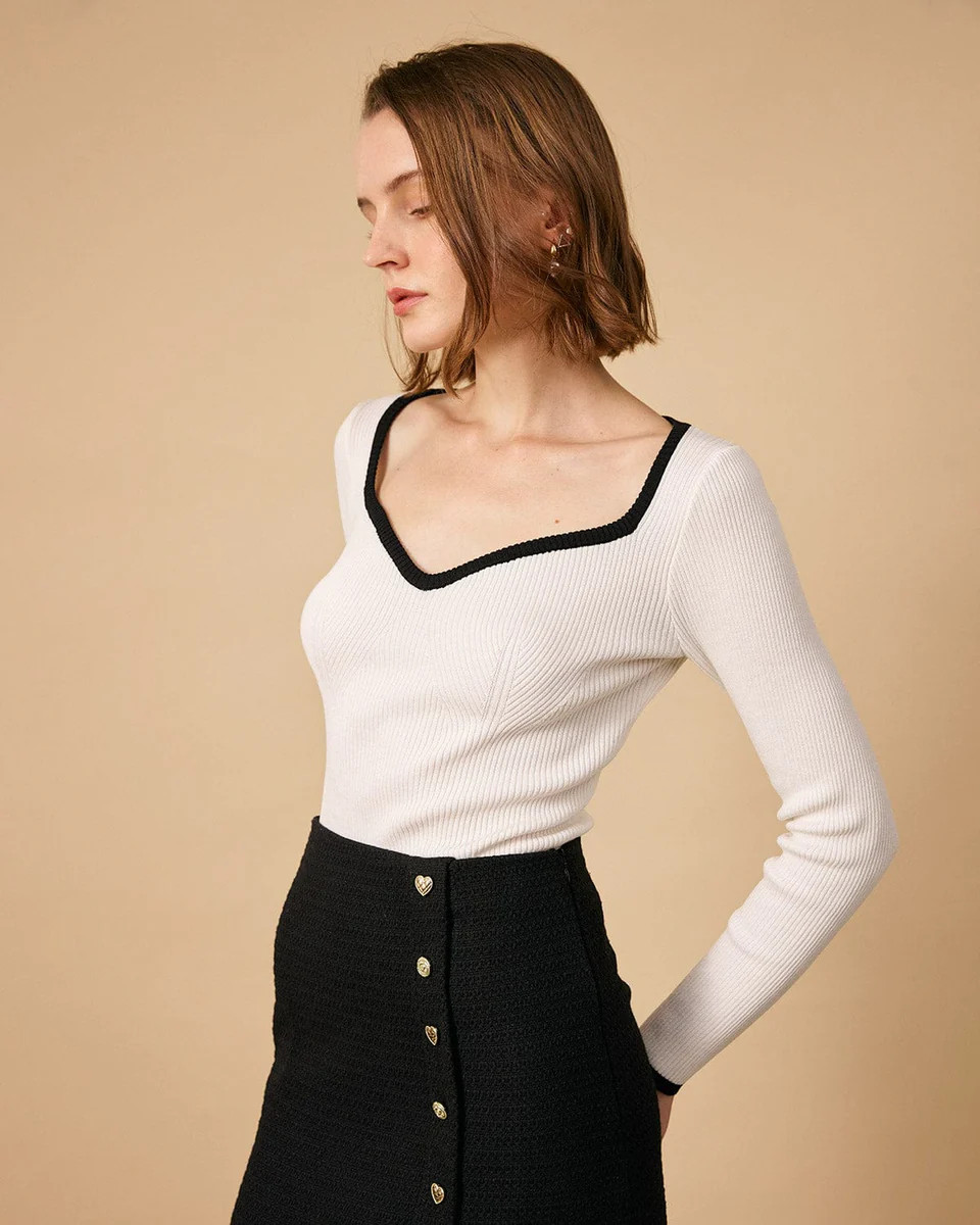 The Contrasting Sweetheart Neck Ribbed Knit Top & Reviews - White - Tops | RIHOAS | rihoas.com