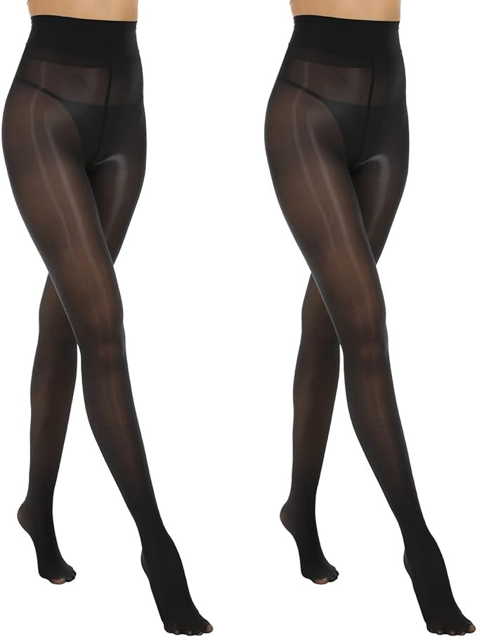 MANZI 2 Pairs Women's Shiny Sheer Tights High Waist Silk Comfort Stockings Oil Shimmery Nylons Pa... | Amazon (US)