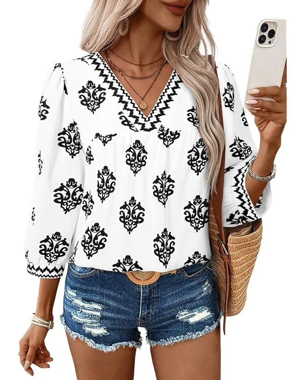 SHEWIN Women's Casual V Neck Floral Print Chiffon Blouses 3/4 Sleeve Boho Summer Tops Shirts | Amazon (US)