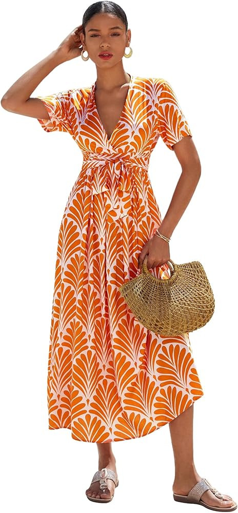 ADOR Womens Summer Boho Maxi Dress Floral Deep V Neck Smocked Empire Waist Short Sleeve Belted Ti... | Amazon (US)