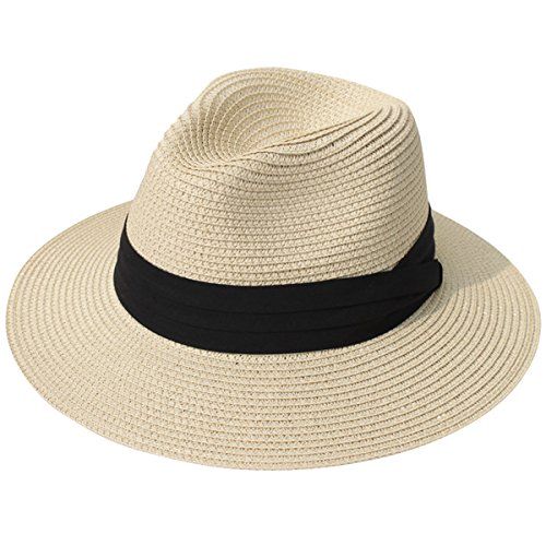Lanzom Women Wide Brim Straw Panama Roll up Hat Fedora Beach Sun Hat UPF50+ (Khaki) One Size | Amazon (US)