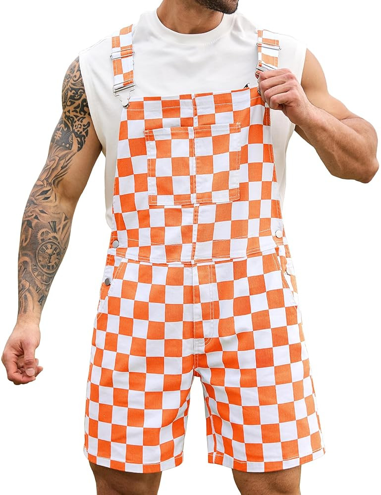 Checkered Bib Overalls for Men Jumpsuit Shorts Work Coveralls | Amazon (US)