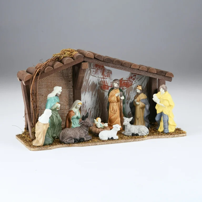 Porcelain Indoor Nativity Scene Set with Wooden Stable, 12 Pieces, by Holiday Time | Walmart (US)
