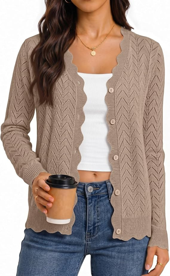 MEROKEETY Women's Fall Long Sleeve Button Front Cardigan Sweater | Open Front, Scalloped V Neck, ... | Amazon (US)