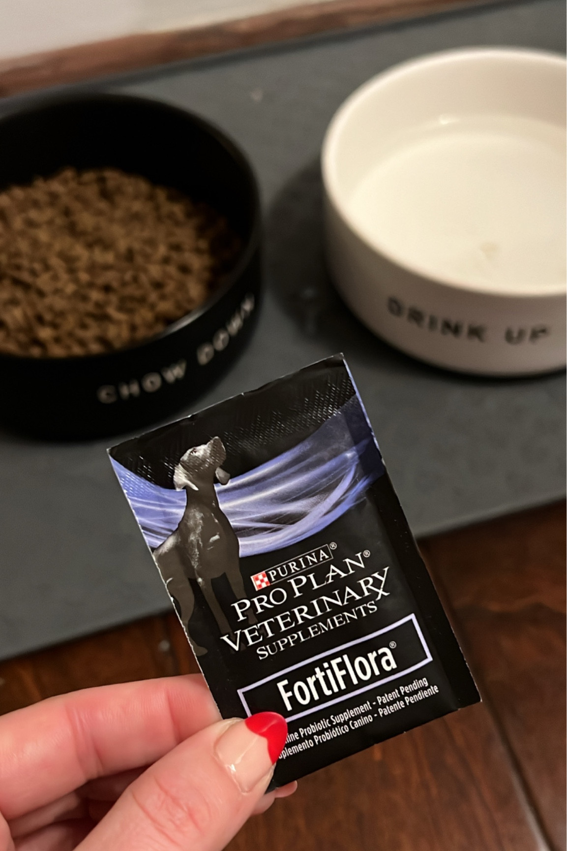 Dog bowls and daily probiotic 