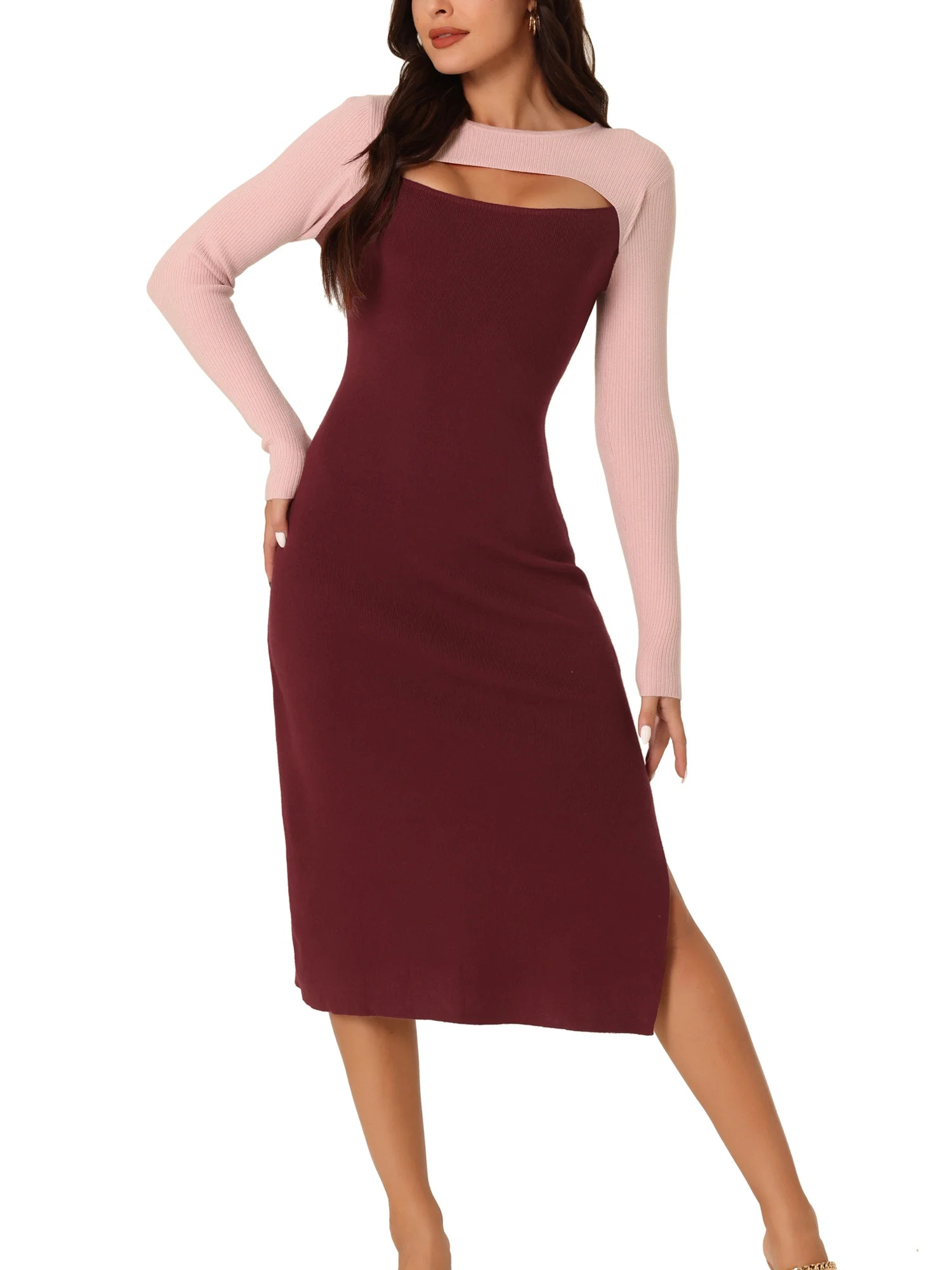 Seta T Women's Long Sleeve Cut Out Midi Dress Crew Neck Color Block Knitted Sweater Dresses - Wal... | Walmart (US)