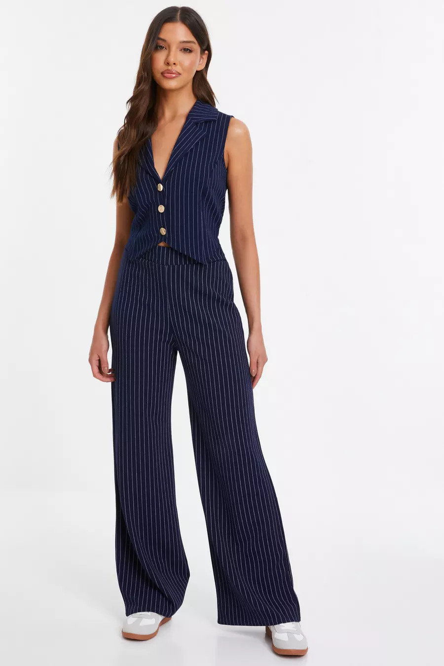 Navy Pinstripe Tailored Trousers | Quiz Clothing