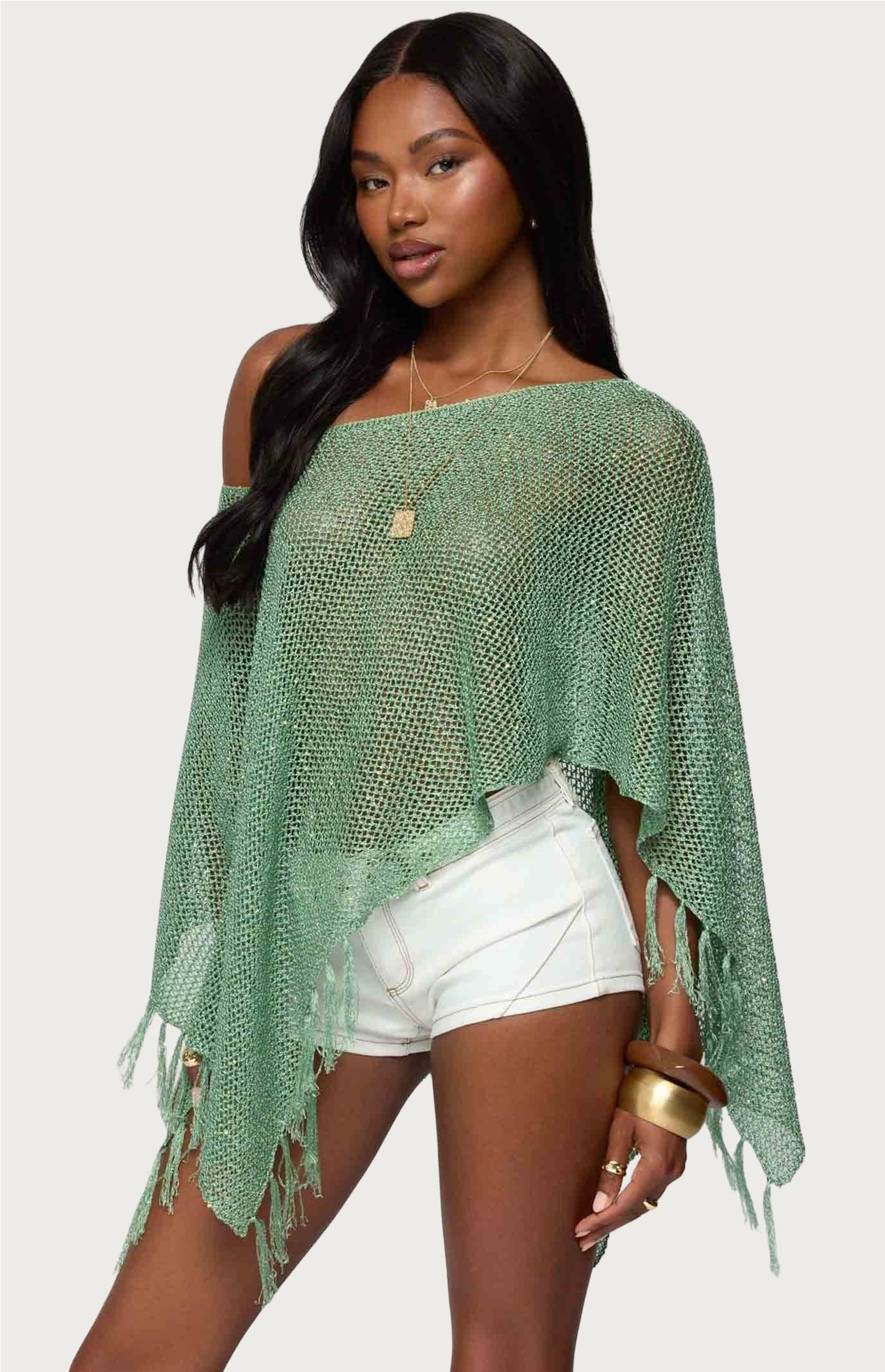 Edikted Sequin Fringe Knit Poncho | PacSun