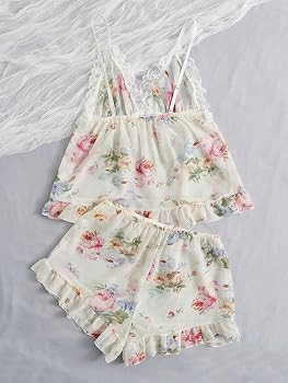 OYOANGLE Women's 2 Piece Floral Print Lace Spaghetti Strap Cami Top and Shorts Chiffon Pajama Set... | Amazon (US)
